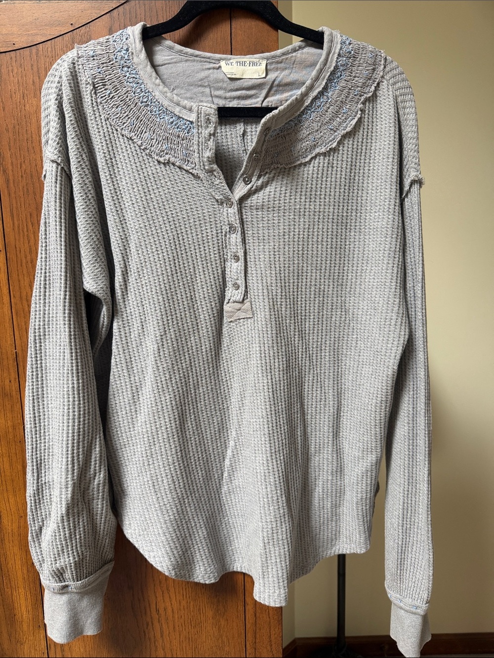 We The Free Gray Waffle Henley with Frayed Collar